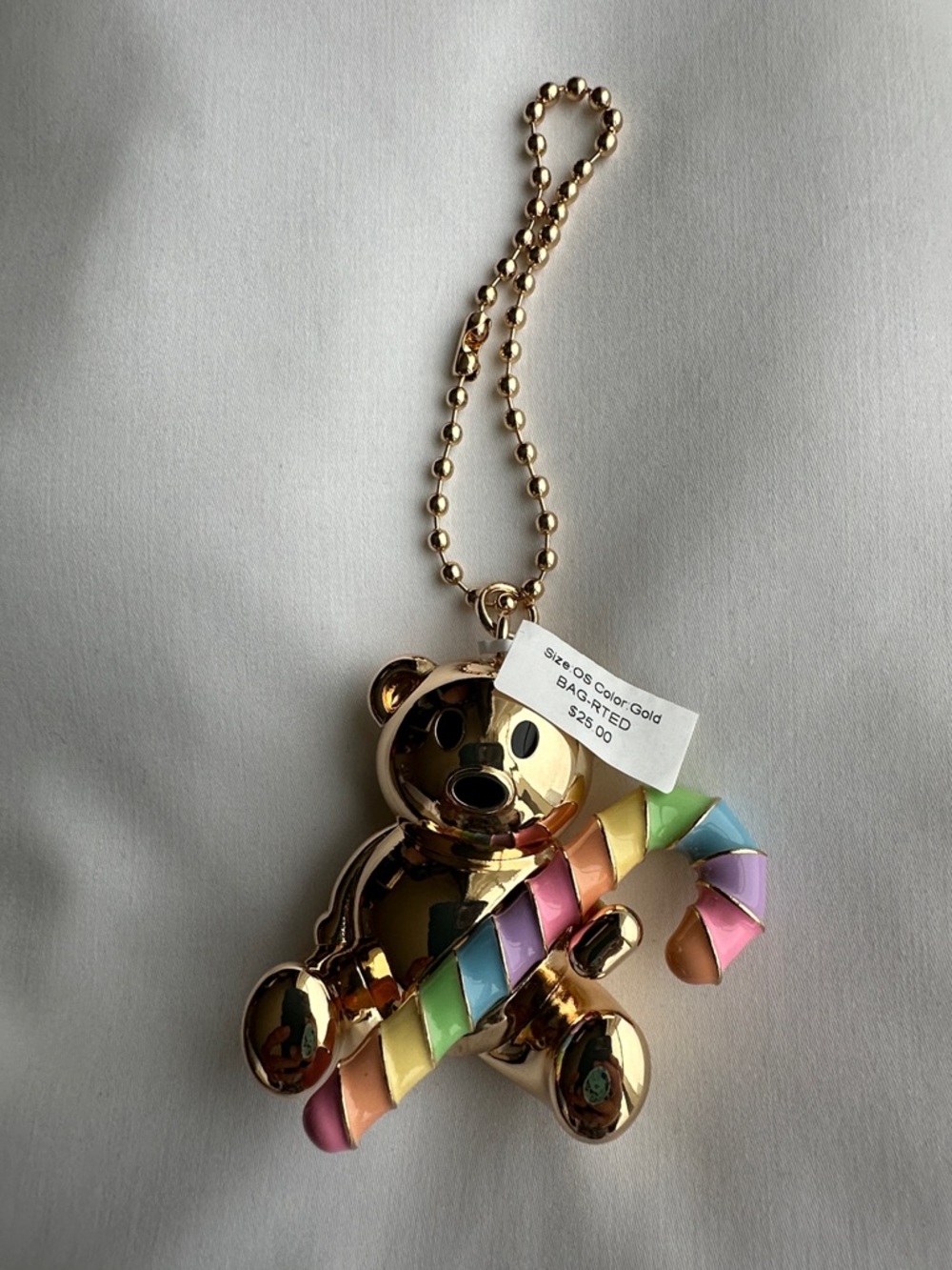 Little Words Project Gold Teddy Bear Bag Charm with Pastel Candy Cane